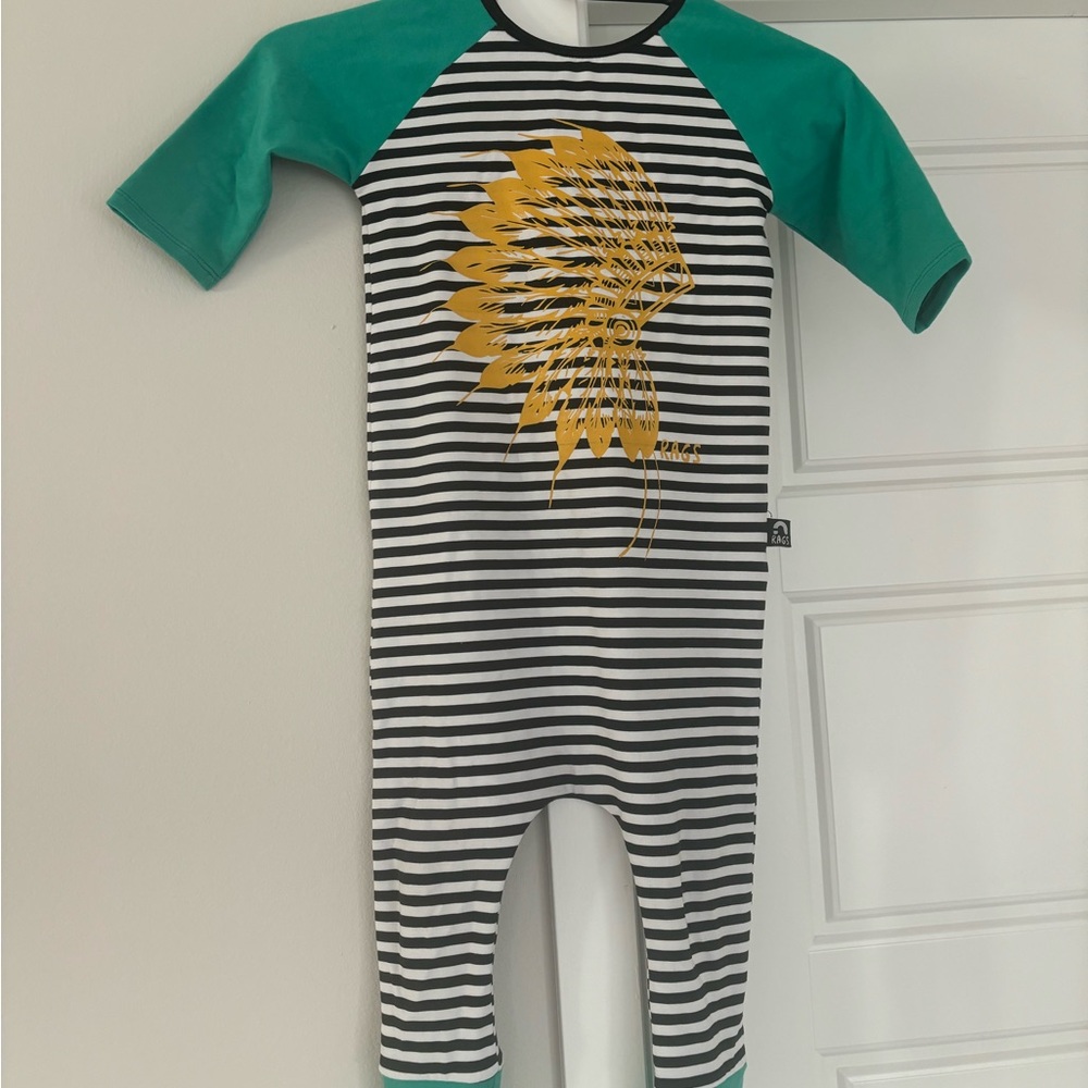 Rags to Raches 3/4T Striped Kids One Piece with Gold Feathers Headpiece Design